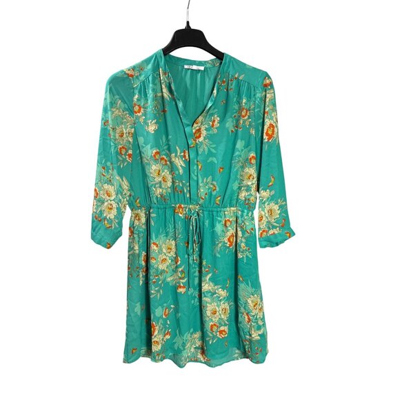 DR2 Womens Floral Butterfly Print Multicolor Mini Dress Drawstring Waist Size L - Picture 1 of 6